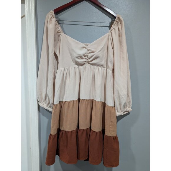 Entro Tri Color Tiered Dress Smocked Back Long Sleeve Tan Brown Boho Peasant L - Picture 2 of 16